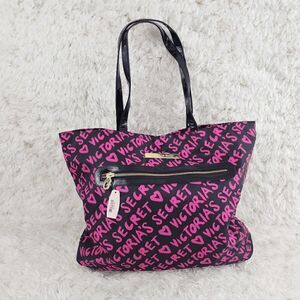 NWT Victoria's Secret Black Fuchsia Logo All Over Satin Bag NWT
